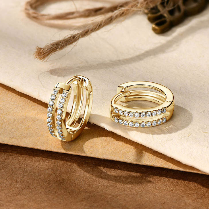 Mini Doubled Lined Pave Sparkling Moissanite Hoop Huggies