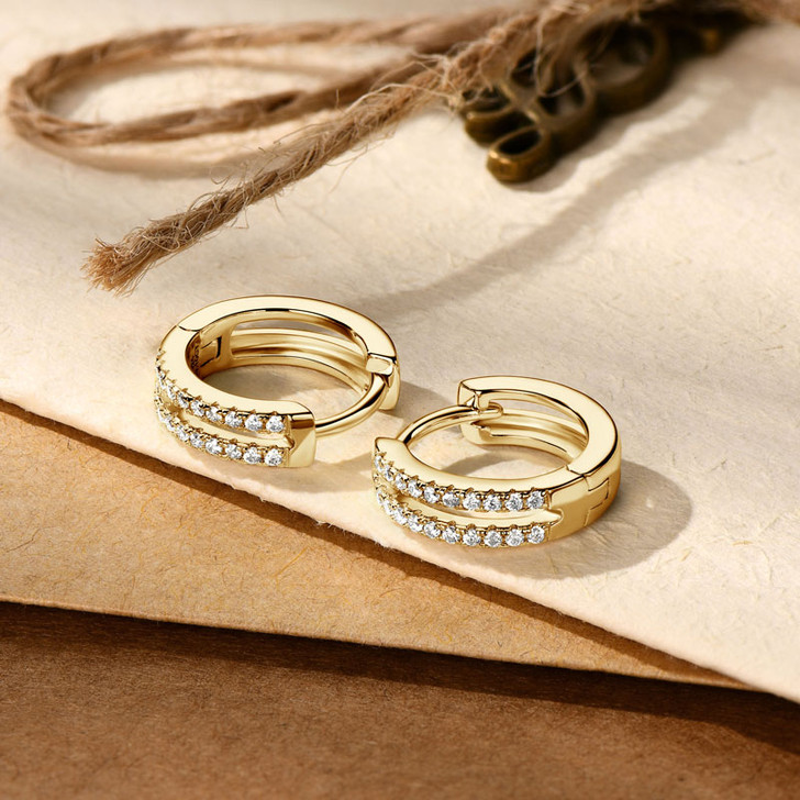 Mini Doubled Lined Pave Sparkling Moissanite Hoop Huggies