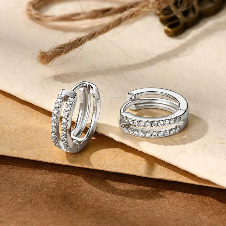 Mini Doubled Lined Pave Sparkling Moissanite Hoop Huggies