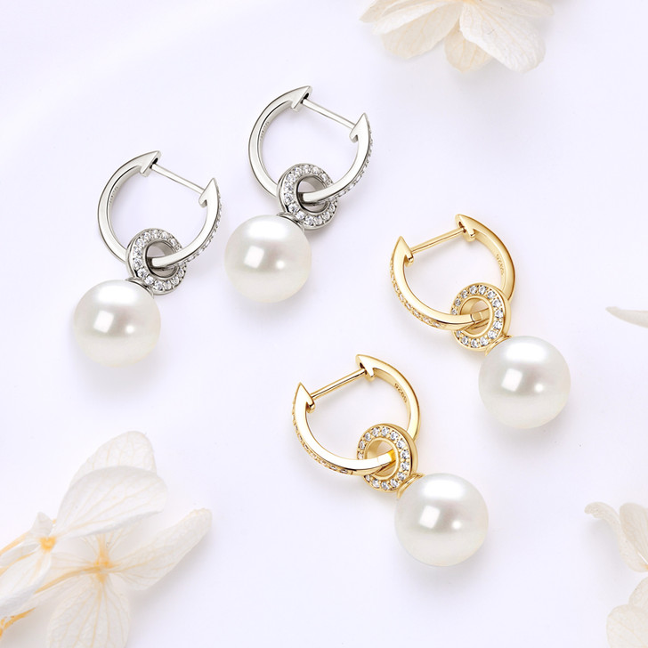 Detachable Freshwater Cultured Pearl Sparkling Hoop Earrings