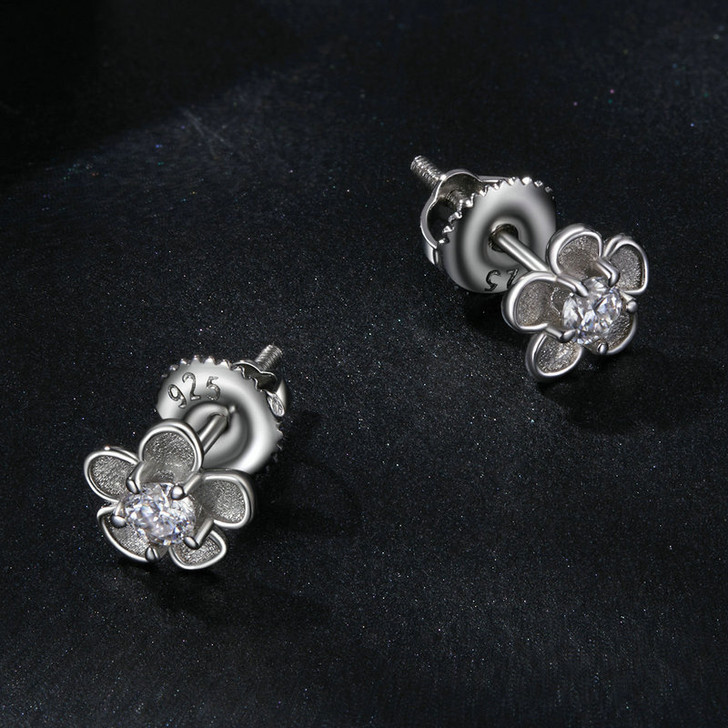 Silver Sakura Blossom Studs with Moissanite Stone
