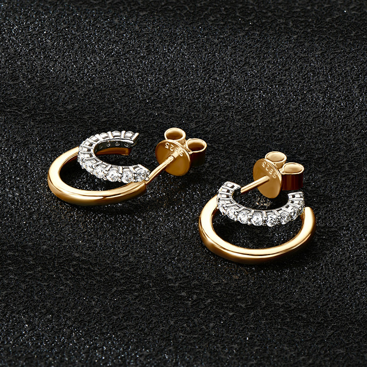 Double Lined Pave Sterling Silver and Gold Plated Hoop Studs
