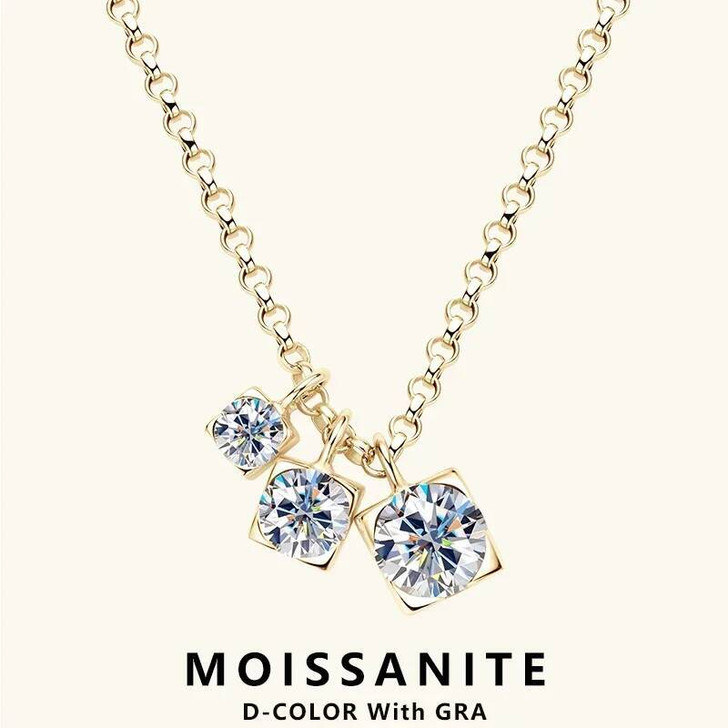 Trinity three stone moissanite necklace detail