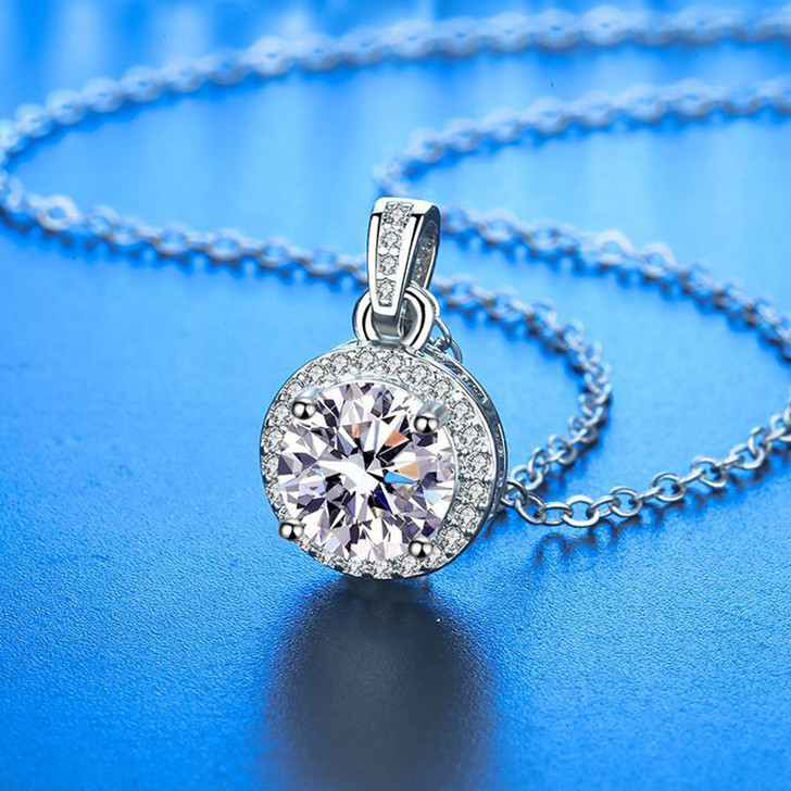 Aurora Silver-Tone Round Moissanite Pendant Necklace for Women