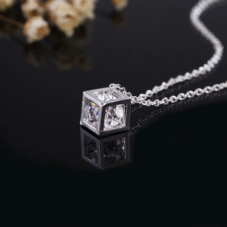 Square Cubic Zirconia Pendant Necklace in Silver Tone