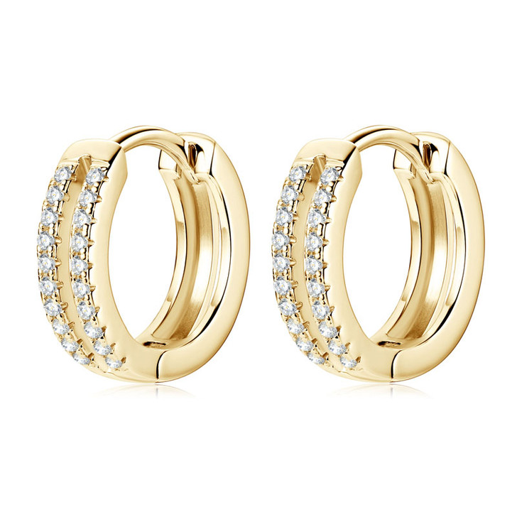 Mini Doubled Lined Pave Sparkling Moissanite Hoop Huggies 14K Yellow Gold Plating