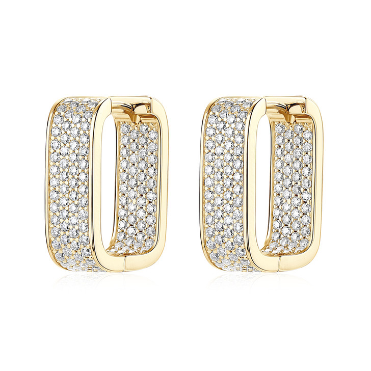 Sparkling Rectangle Pave Moissanite Square Hoop Earrings 18K Yellow Gold Plating