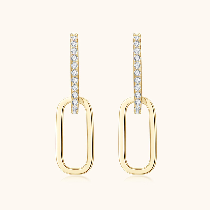 Dazzling Elongated Link Moissanite Drop Earrings Yellow Gold Plated