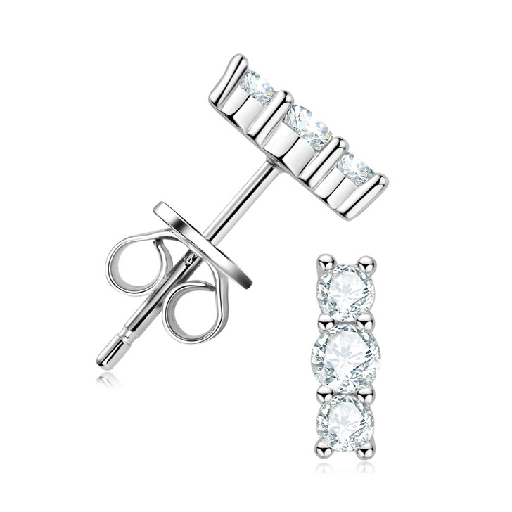 Triple Stone Classic Row Sparkling Stud Earrings 925 Sterling Silver