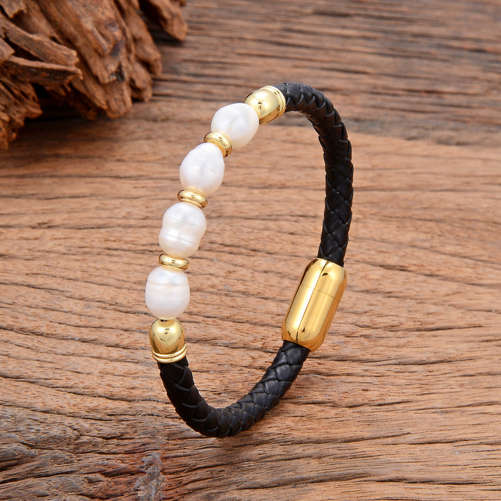 Freshwater Pearl Bar Bracelet for Women – Gold Tone White 23cm