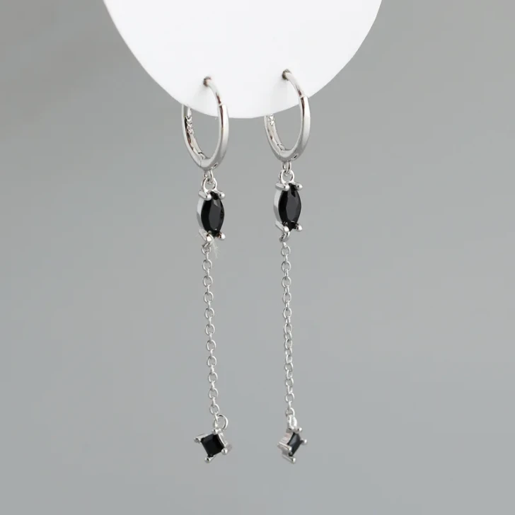 Zircon Tassel Huggie Earrings for Women – Silver Tone Black