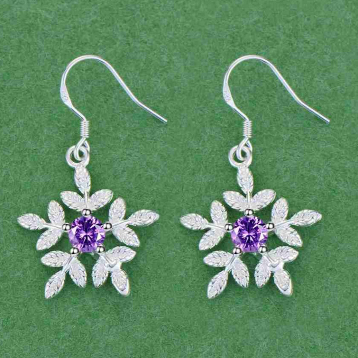 Silver tone purple zircon flower earrings product view