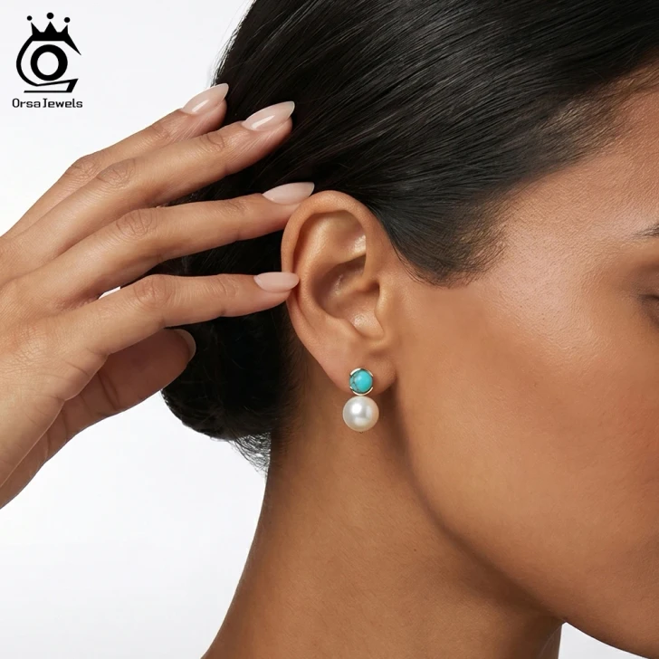 ORSA JEWELS Turquoise & Pearl Drop Earrings – 925 Sterling Silver