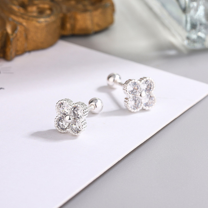 925 Sterling Silver Four-Zircon Geometric Stud Earrings (4)