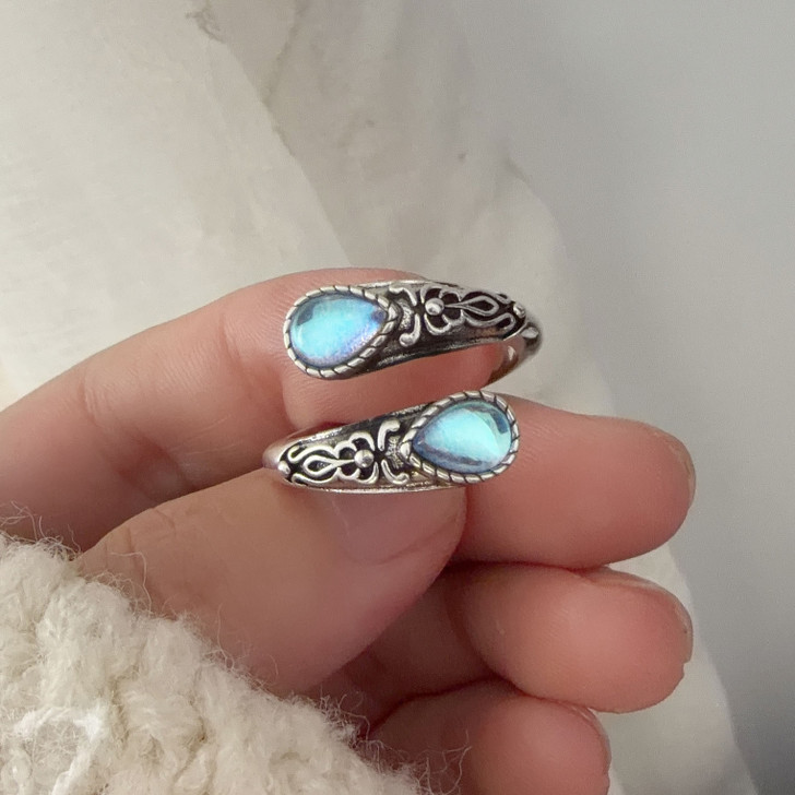 BFCLUB Adjustable Blue Stone Double Ring – Sterling Silver (6)