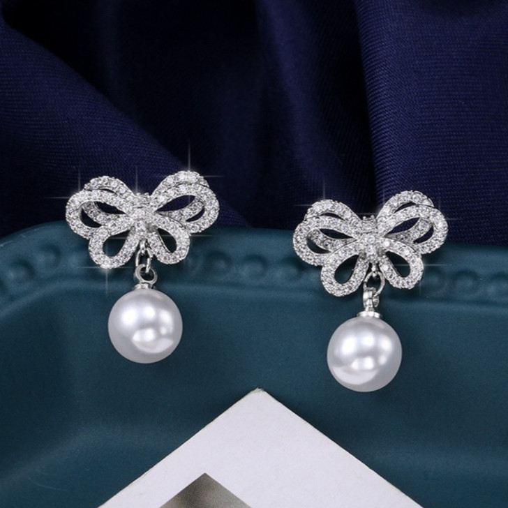 BJXMOSO Butterfly Pearl Drop Stud Earrings – Sterling Silver