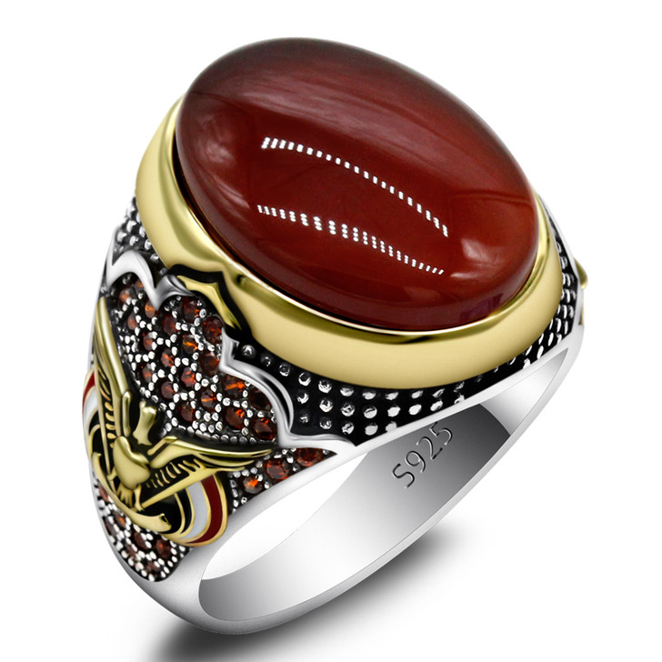 Men’s Red Agate Signet Ring – Sterling Silver Size 8