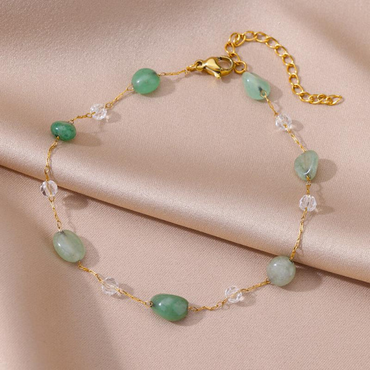 Green Stone Bead Anklet with Gold-Tone Chain – Style 1-1