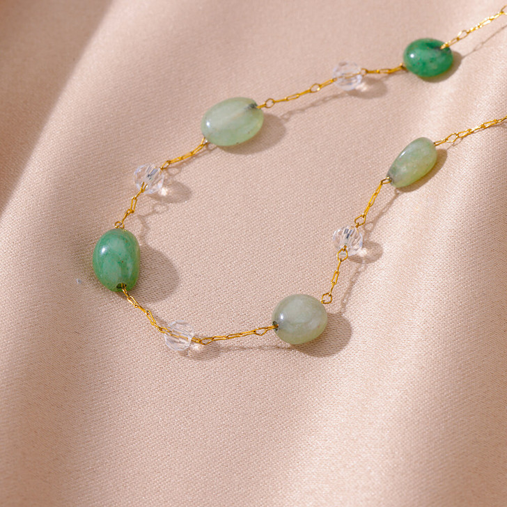 Green Stone Bead Anklet with Gold-Tone Chain – Style 1-1