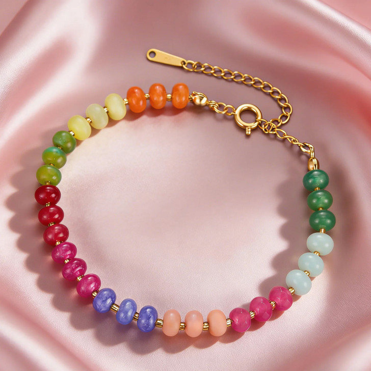Multicolour Stone Bead Bracelet – Gold-Tone Clasp, 17–22 cm