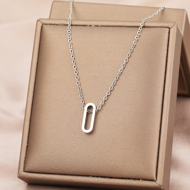 Silver-Tone Rounded Rectangle Pendant Necklace – N7109, 45 cm