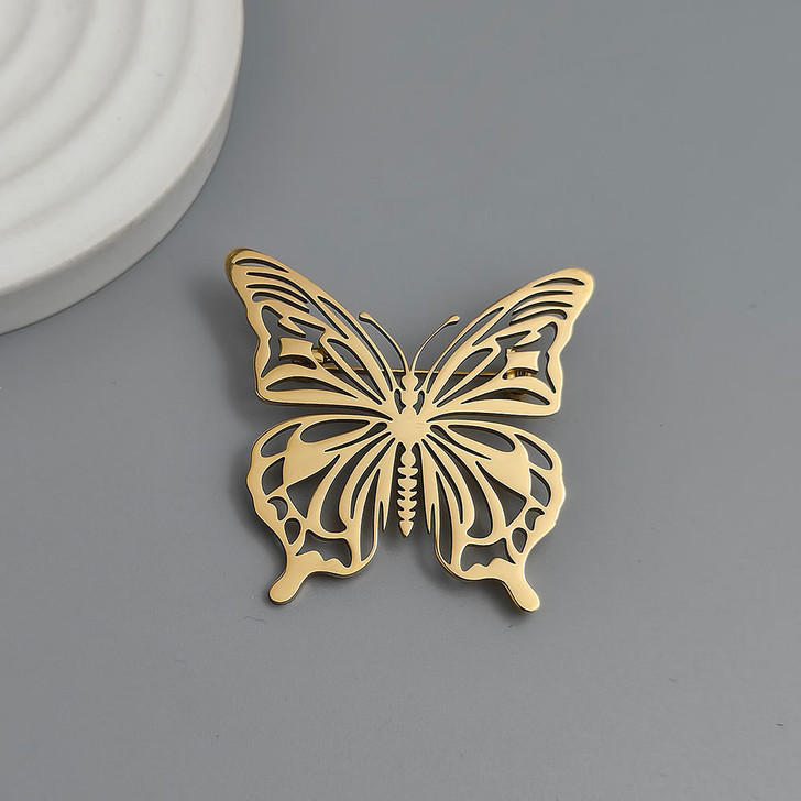 Gold-Tone Openwork Butterfly Brooch – Stainless Steel, 42 mm