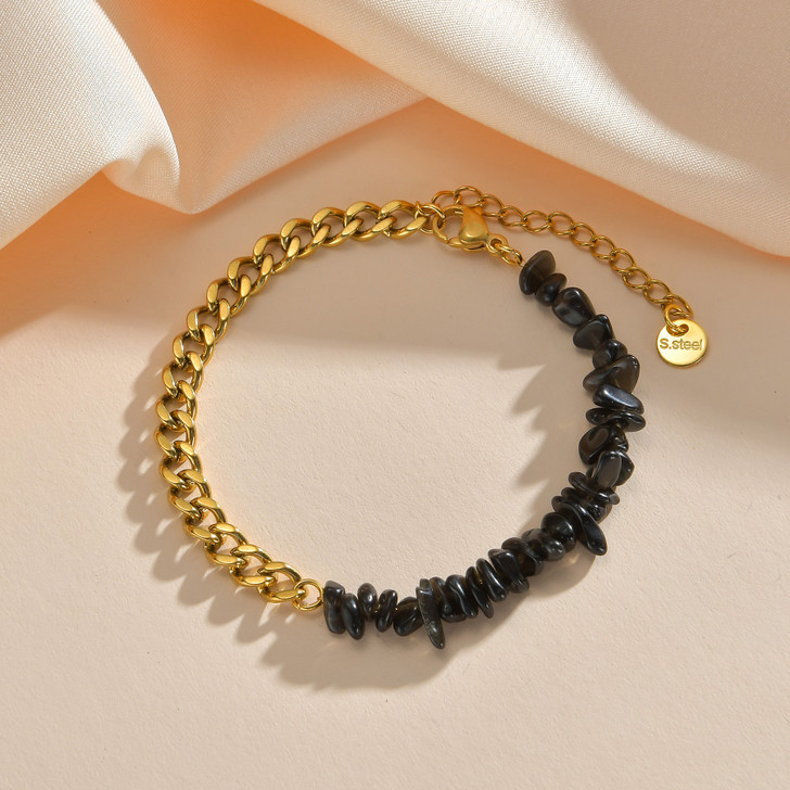 Black Stone Chip & Gold-Tone Curb Link Bracelet – B973