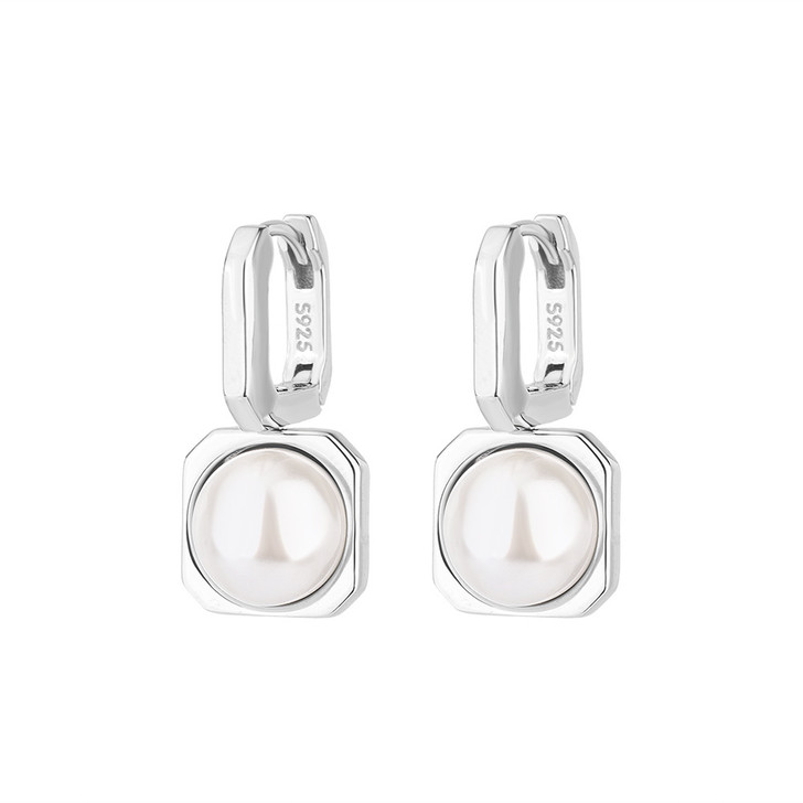 Square-Frame Pearl-Effect Drop Earrings – Silver EH792