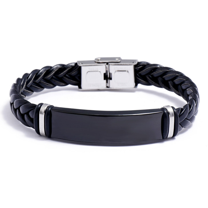 Black Braided Leather ID Bracelet – B0335, 21 cm