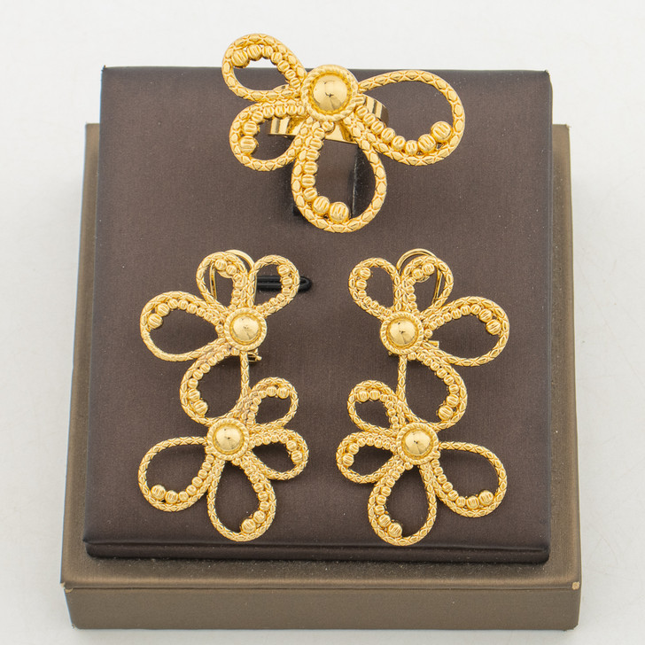 Gold-Tone Double Flower Earrings & Open Ring Set