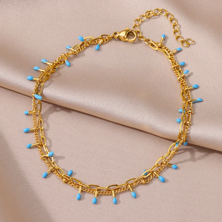 Blue Bead Fringe Anklet – Gold-Tone Stainless Steel
