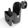 Joyren Cup Holder With Baby Stroller Hooks, black portable cup holder with attached hooks for stroller accessories.
