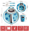 Generic Tiny Dining Bamboo Set Blue Ladybird, children's bamboo dinnerware set including a divided plate, a bowl, a cup, and utensils with ladybird and blue polka dot design.