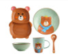 Generic Ceramic Bear Porcelain Tableware Set, featuring a bear-themed dinnerware with a bear-shaped plate, a bowl, a mug, a dessert spoon, and a round plate with bear illustrations and colorful accents.