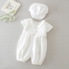 OONA 2 PCS Baptism White Satin Suit with Hat, baby baptism outfit with a white satin romper and matching hat displayed on a light gray background.