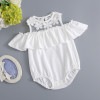 Generic Ivory White Off Shoulder Romper Round Collar, front view of a stylish baby girl romper with lace neckline, ruffled off-shoulder design, and elasticized leg openings on a gray background.