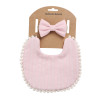 Generic Double-Sided Cotton Bib with Bow Headband Set, pink bib with pom-pom trim and matching pink bow headband for baby girls.