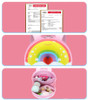Generic Backpack Preschool Donut Series, colorful rainbow design with a red heart and star accents, pink backpack with compartments filled with small toys and bottles, and SGS certification documents.
