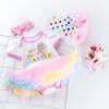 Generic My First Easter Set Romper Headband Warmers, baby girl Easter outfit including a white romper with pastel rainbow tutu, pink headband with bow, colorful polka dot socks, and matching polka dot shoes.