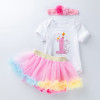 Generic Short Sleeve Romper Tutu Skirt Headband, baby girl birthday outfit with white t-shirt featuring a pink number one and unicorn, pink tutu skirt with colorful ruffles, and pink floral headband with bow.