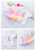 Generic Short Sleeve Romper Tutu Skirt Headband, baby girl's birthday outfit with a white romper featuring a pink birthday candle and girl illustration, pink, yellow, and blue tutu skirt, and pink headband with fabric flower for a first birthday celebration.