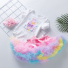Generic First Easter Sets Tutu Skirt Short Sleeve Romper, baby girl's Easter outfit with a white romper featuring colorful embroidery and a pink, yellow, blue, and purple tutu skirt.