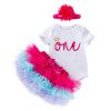 Generic Tutu Skirt White Short Sleeve Romper Headband, baby girl clothing set with a white romper featuring 'one' and a crown graphic, a colorful tutu skirt, and a pink headband with a large flower.