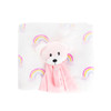 Generic Gift Box Bear Comforter And Blanket Pink, soft pink bear-shaped comforter with a matching pink blanket on a gift box with rainbow patterns.