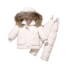 Generic Snowsuit Set Winter Down Snow Suit, white insulated winter snowsuit with fur-lined hood and padded overalls for children.