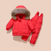 Generic Snowsuit Set Winter Down Snow Suit, red insulated winter coat with a fur-lined hood and matching insulated pants for kids.