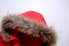 Generic Snowsuit Set Winter Down Snow Suit, close-up of red snow suit with fur-lined hood against plain background.