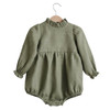 Generic Plains Ruffled Collar Long Sleeve Romper, long sleeve romper for babies with ruffled collar and gathered design in a soft, olive green fabric.