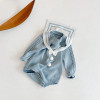 Engepapa Navy Collar Bow Knit Sweater Wrap Rompers, baby blue knit romper with sailor collar and bow detail.