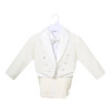 OONA Off White Tuxedo Suit Bow Tie, elegant white tuxedo suit with a bow tie displayed on a hanger.